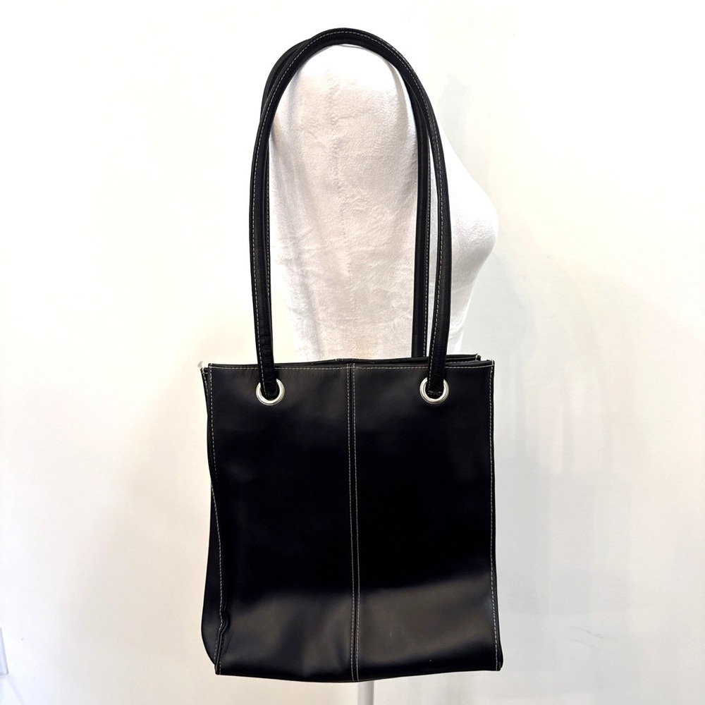 Vintage Y2K Leather Tote Bag Made USA Black Double Handle Shoulder Handbag Purse